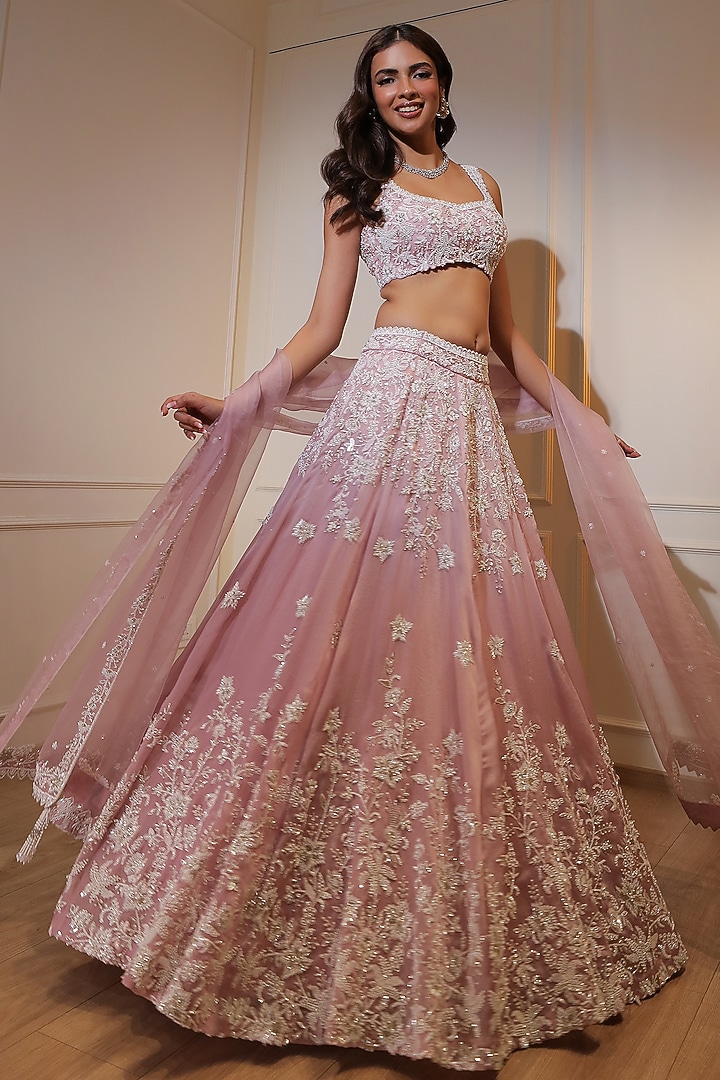 Lilac Organza Sequins Embroidered Bridal Lehenga Set by Naibah at Pernia's Pop Up Shop