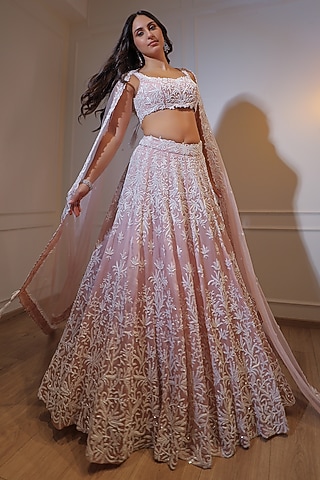 Pink & Ivory Organza Sequins Embroidered Lehenga Set by Naibah
