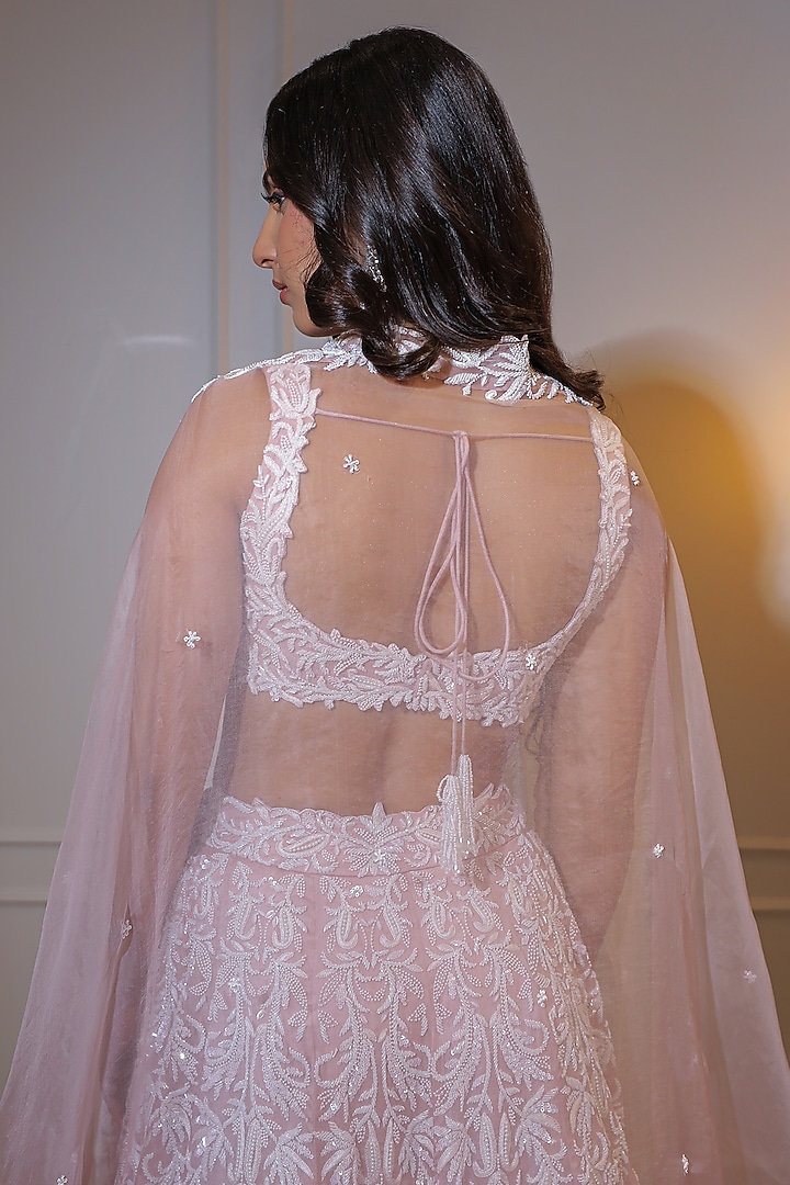 Pink & Ivory Organza Sequins Embroidered Bridal Lehenga Set by Naibah at Pernia's Pop Up Shop