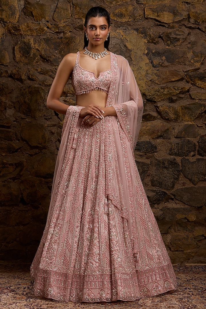 Peach & Silver Net Hand Embroidered Bridal Lehenga Set by Naibah at Pernia's Pop Up Shop