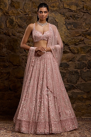 Peach & Silver Net Hand Embroidered Lehenga Set by Naibah