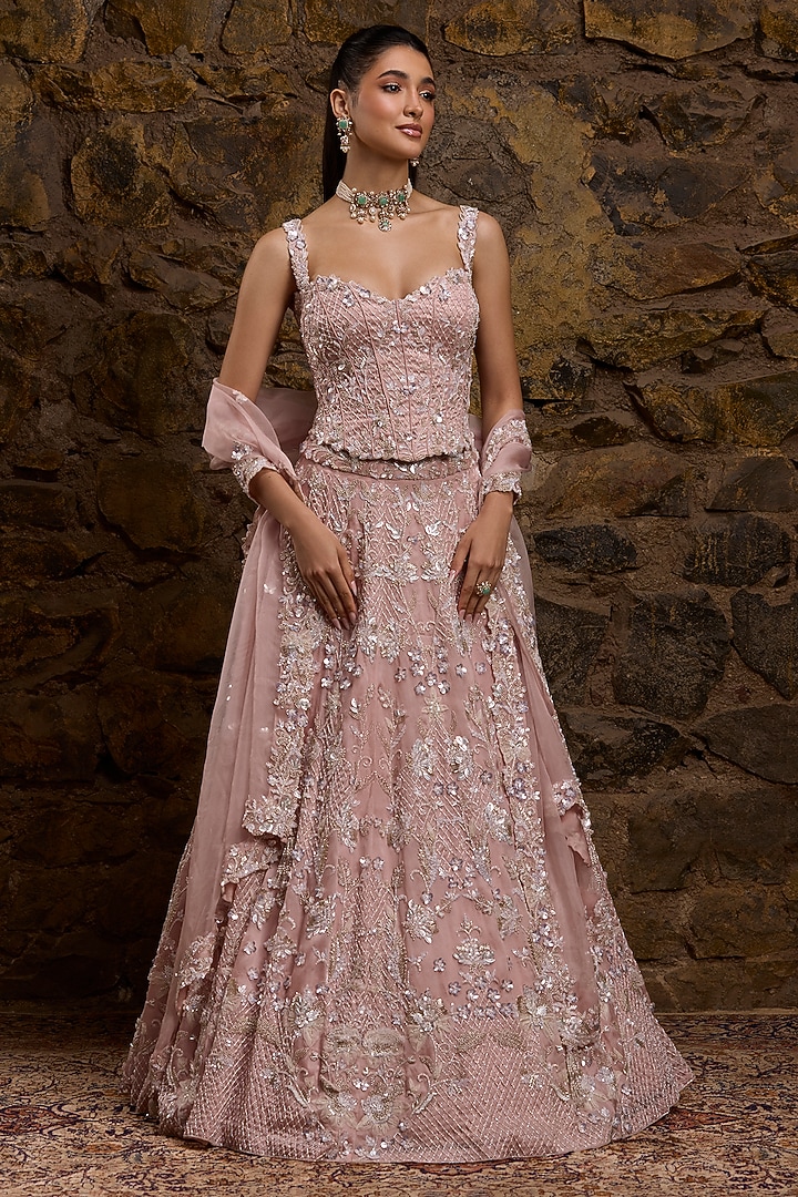 Rose Pink Net & Organza Hand Embroidered Bridal Lehenga Set by Naibah at Pernia's Pop Up Shop