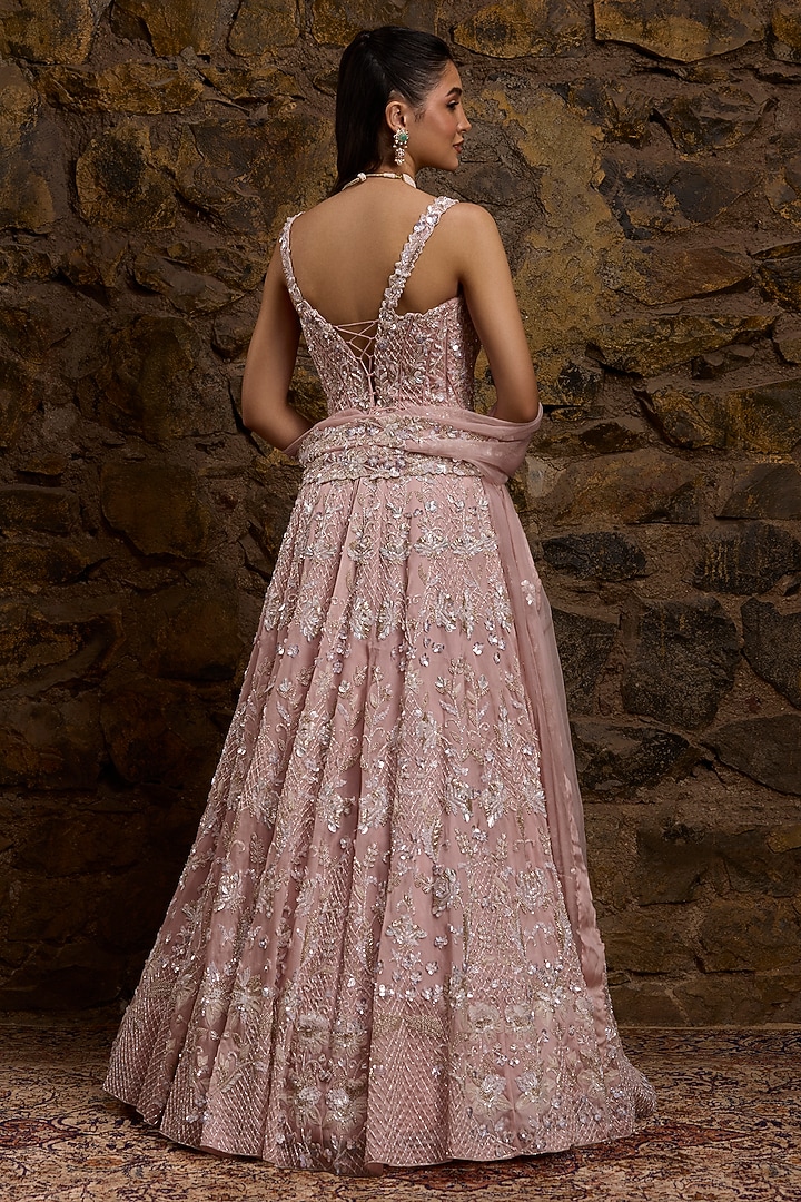 Rose Pink Net & Organza Hand Embroidered Bridal Lehenga Set by Naibah at Pernia's Pop Up Shop