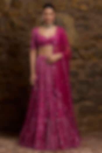Fuchsia Pink Net Hand Embroidered Bridal Lehenga Set by Naibah at Pernia's Pop Up Shop