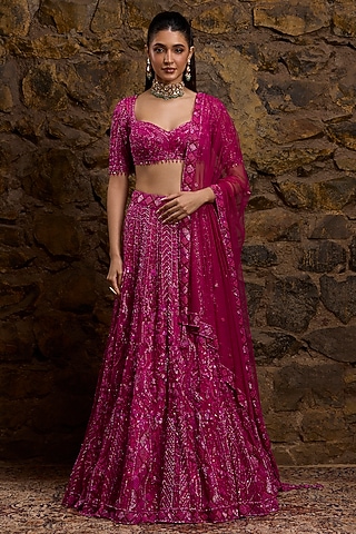 Fuchsia Pink Net Hand Embroidered Lehenga Set by Naibah