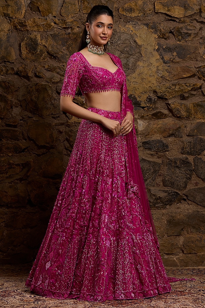 Fuchsia Pink Net Hand Embroidered Bridal Lehenga Set by Naibah at Pernia's Pop Up Shop