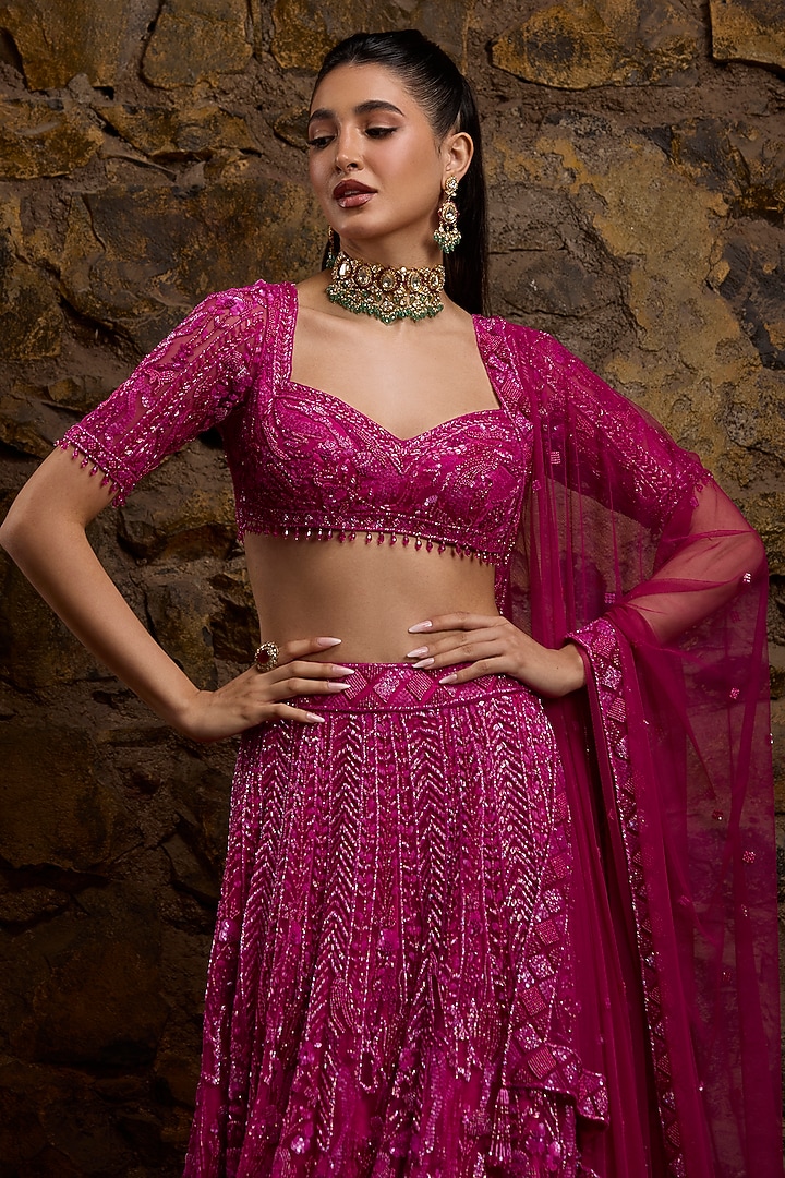 Fuchsia Pink Net Hand Embroidered Bridal Lehenga Set by Naibah at Pernia's Pop Up Shop