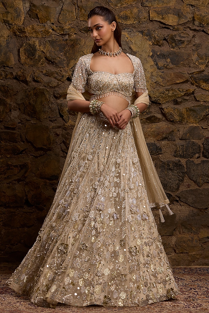 Gold & Silver Ombre Net Hand Embroidered Bridal Lehenga Set by Naibah at Pernia's Pop Up Shop