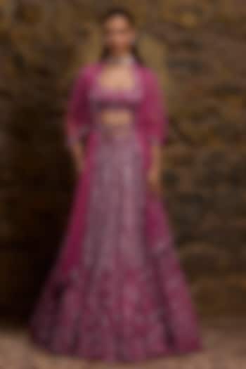 Plum Net Hand Embroidered Bridal Lehenga Set by Naibah at Pernia's Pop Up Shop