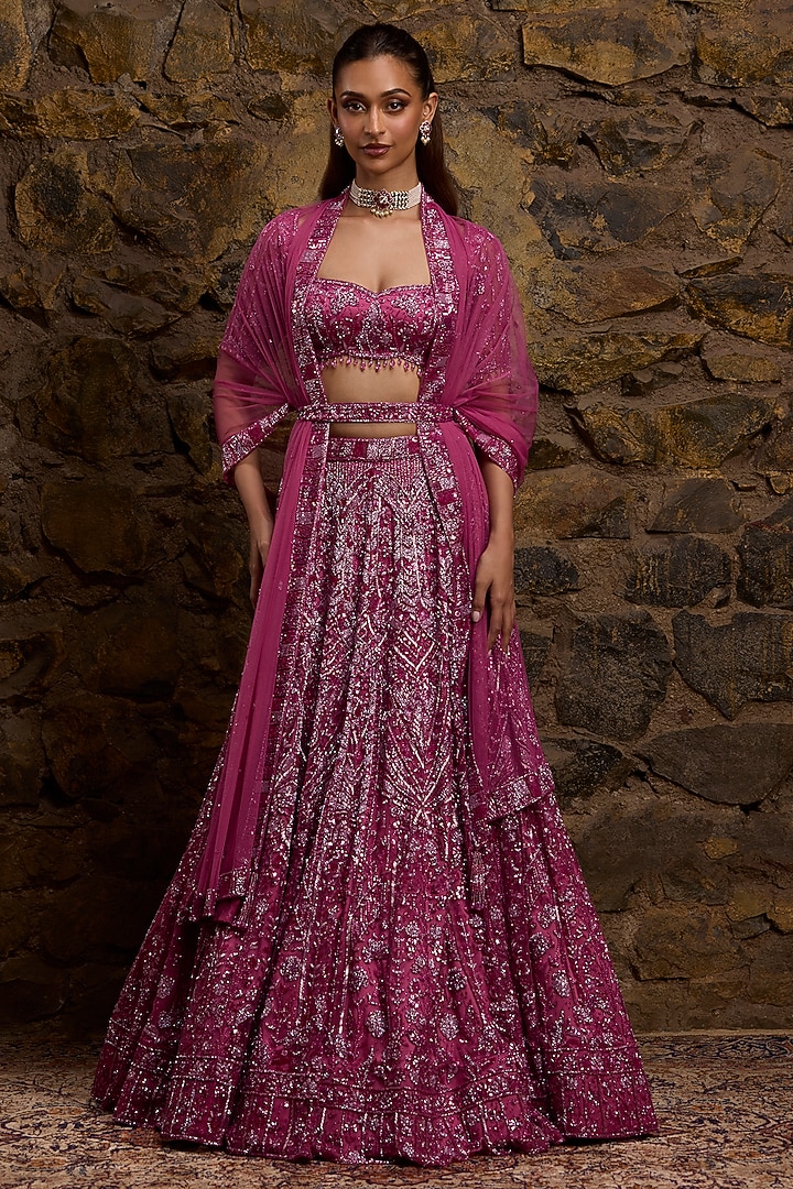 Plum Net Hand Embroidered Bridal Lehenga Set by Naibah at Pernia's Pop Up Shop