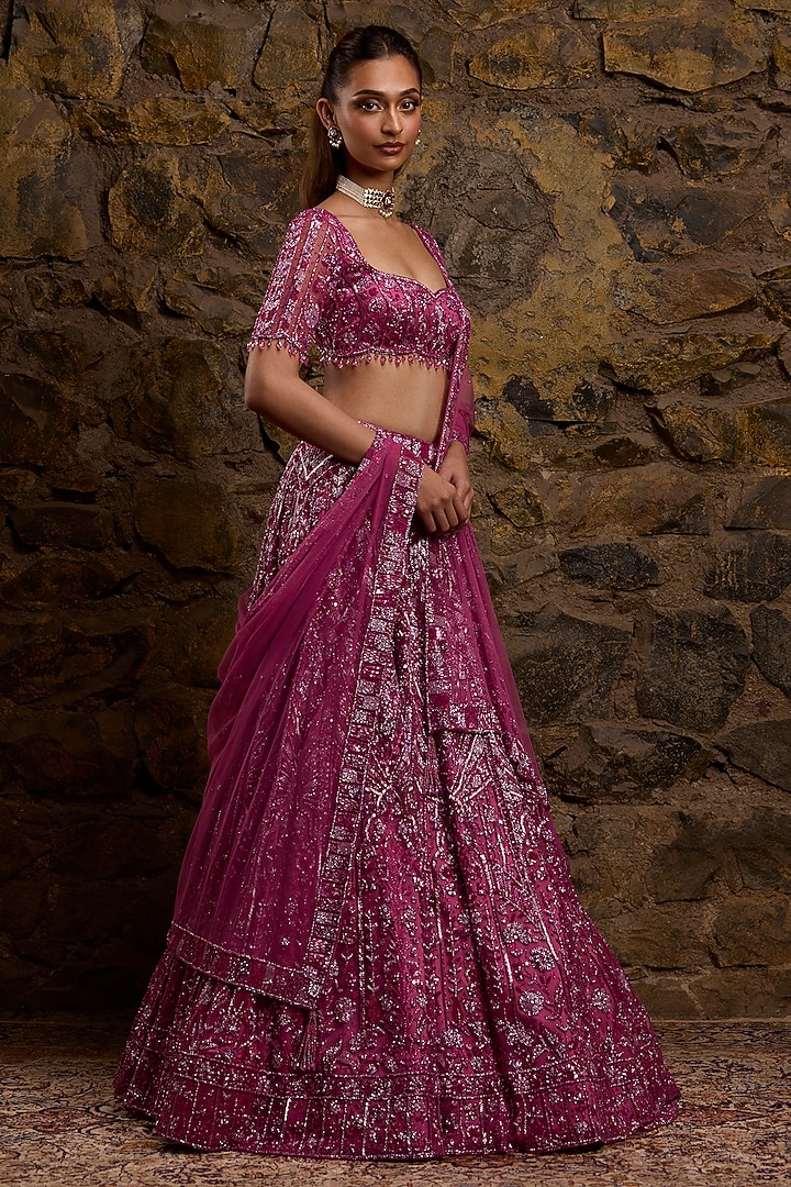Plum Net Hand Embroidered Bridal Lehenga Set by Naibah at Pernia's Pop Up Shop