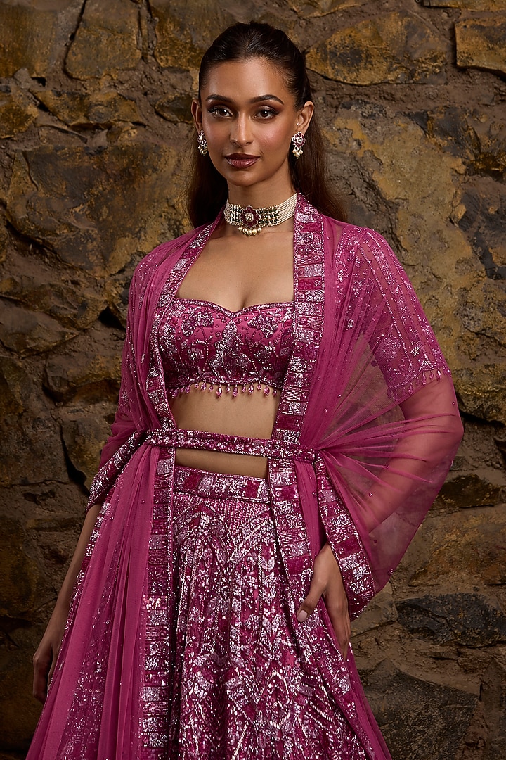 Plum Net Hand Embroidered Bridal Lehenga Set by Naibah at Pernia's Pop Up Shop