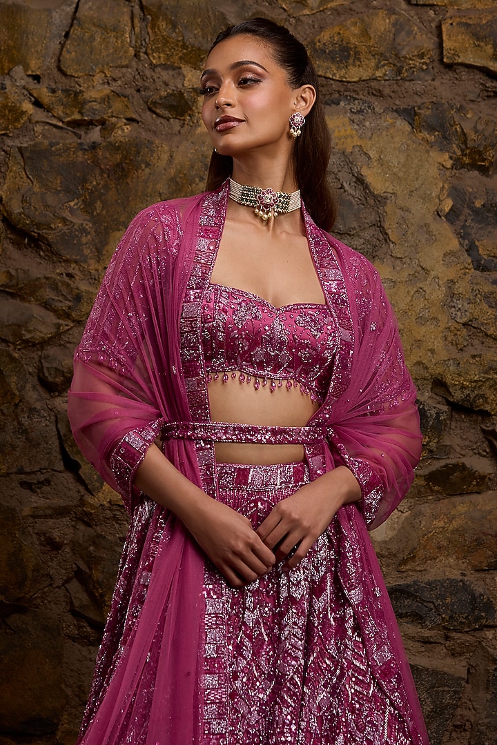 Plum Net Hand Embroidered Bridal Lehenga Set by Naibah at Pernia's Pop Up Shop