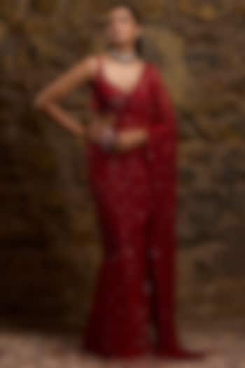 Red Net Hand Embroidered Draped Bridal Saree Set by Naibah at Pernia's Pop Up Shop