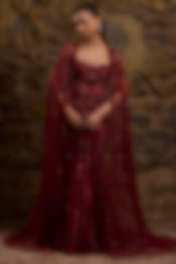 Maroon Net Hand Embroidered Bridal Gown With Cape by Naibah at Pernia's Pop Up Shop