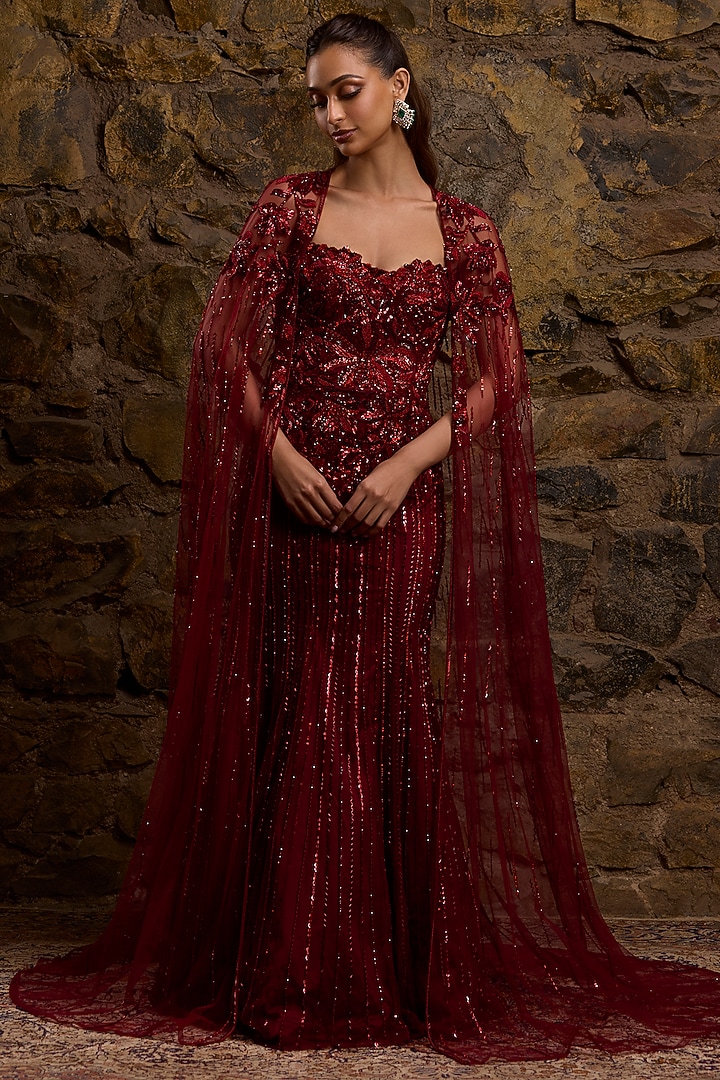 Maroon Net Hand Embroidered Bridal Gown With Cape by Naibah at Pernia's Pop Up Shop