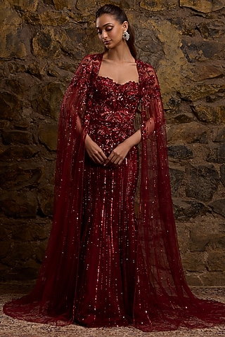 Buy Maroon Colour Net Gown for Women Online from India's Luxury Designers  2026
