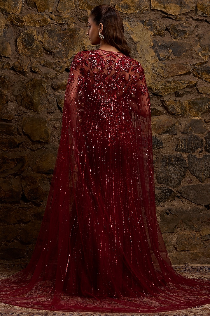 Maroon Net Hand Embroidered Bridal Gown With Cape by Naibah at Pernia's Pop Up Shop