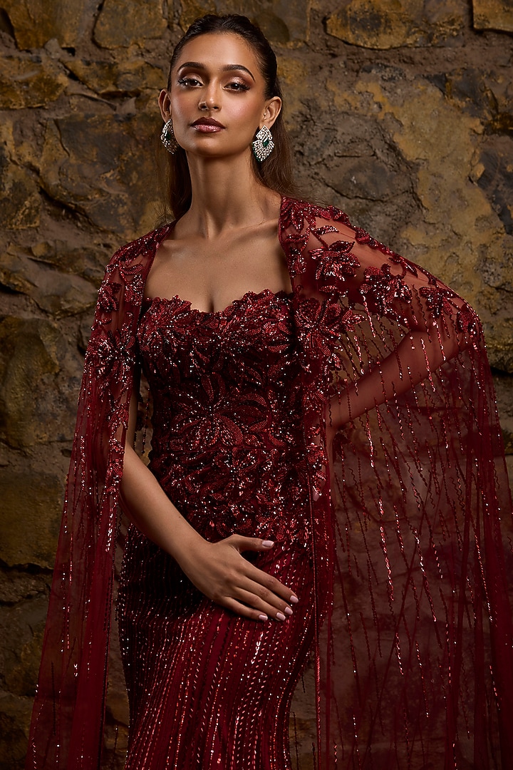 Maroon Net Hand Embroidered Bridal Gown With Cape by Naibah at Pernia's Pop Up Shop