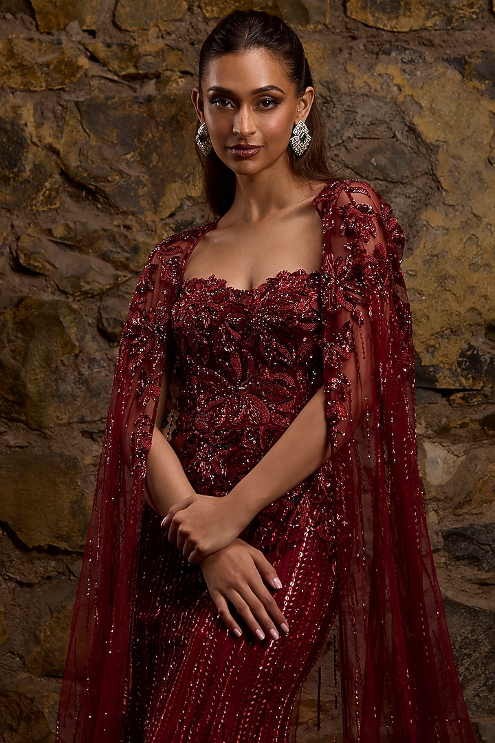 Maroon Net Hand Embroidered Bridal Gown With Cape by Naibah at Pernia's Pop Up Shop