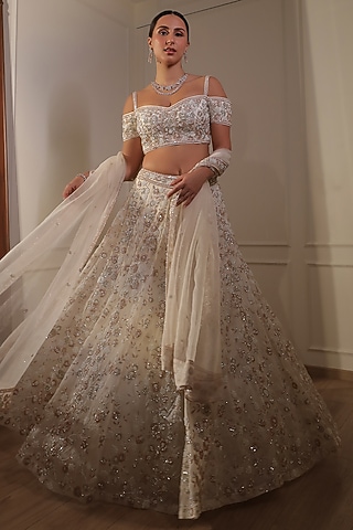 Ivory Organza Sequins Embroidered Lehenga Set by Naibah