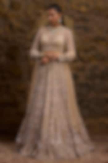 Champagne Gold Net Hand Embroidered Bridal Lehenga Set by Naibah at Pernia's Pop Up Shop