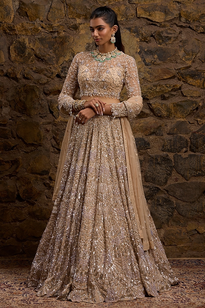 Champagne Gold Net Hand Embroidered Bridal Lehenga Set by Naibah at Pernia's Pop Up Shop