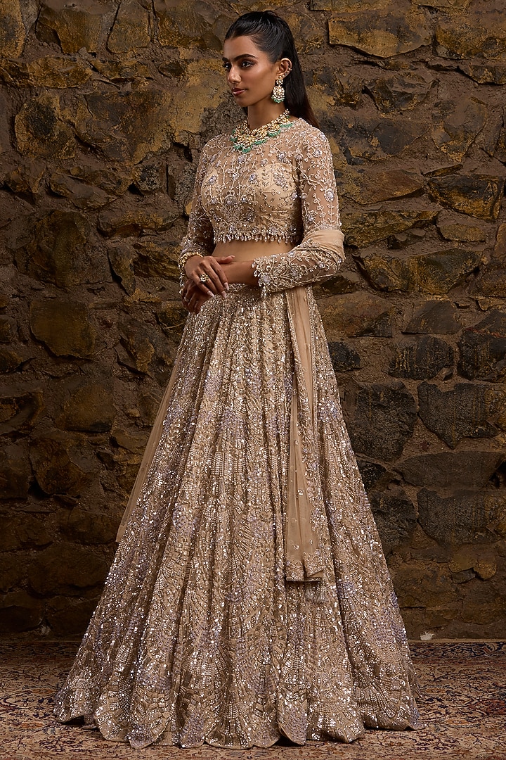 Champagne Gold Net Hand Embroidered Bridal Lehenga Set by Naibah at Pernia's Pop Up Shop