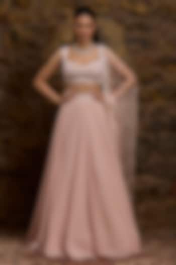 Peach Georgette Hand Embroidered Wedding Lehenga Set by Naibah at Pernia's Pop Up Shop