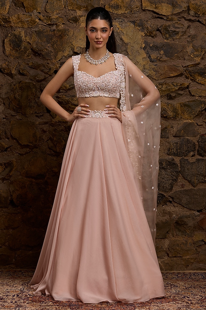 Peach Georgette Hand Embroidered Wedding Lehenga Set by Naibah at Pernia's Pop Up Shop