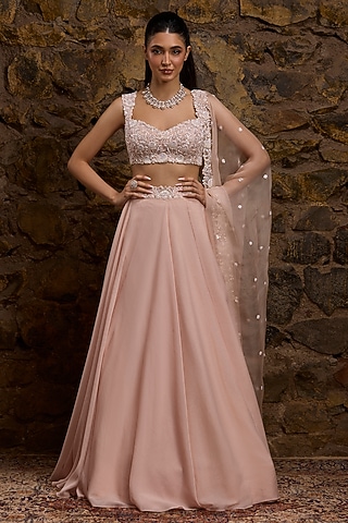 Peach Georgette Hand Embroidered Lehenga Set by Naibah