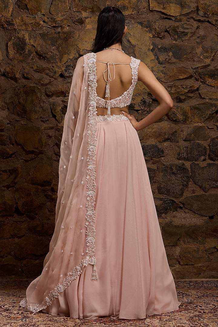 Peach Georgette Hand Embroidered Wedding Lehenga Set by Naibah at Pernia's Pop Up Shop