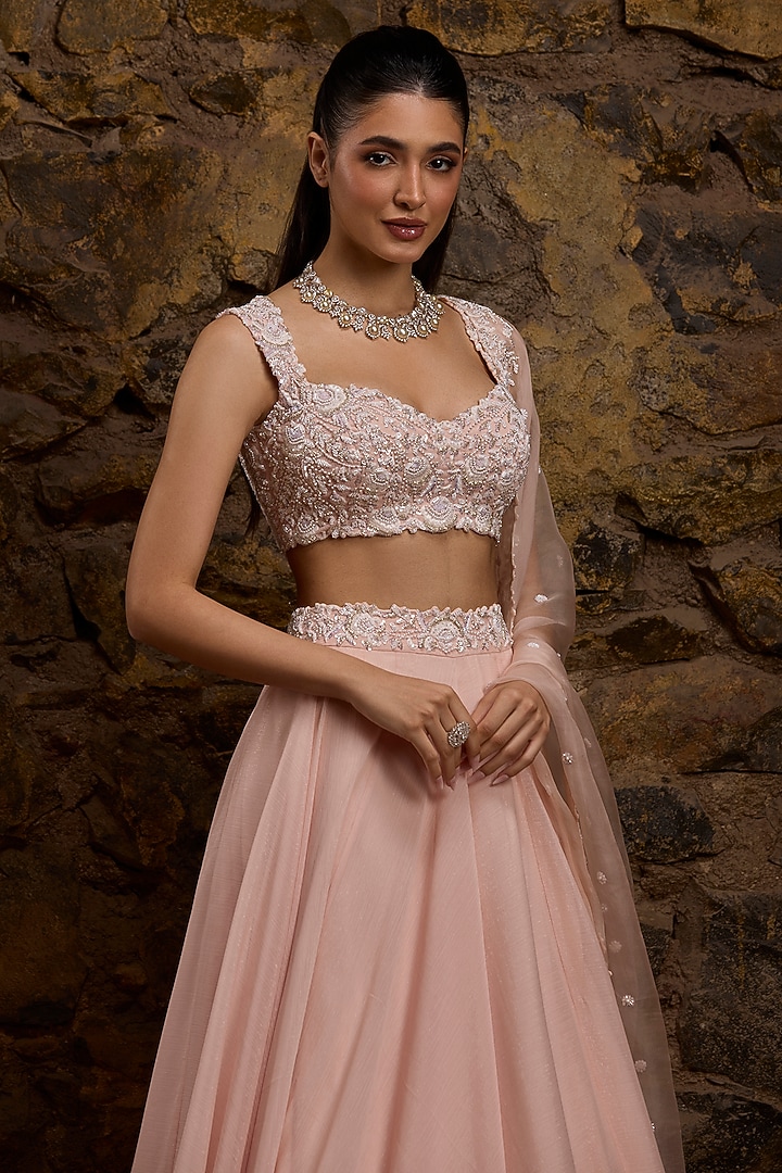 Peach Georgette Hand Embroidered Wedding Lehenga Set by Naibah at Pernia's Pop Up Shop