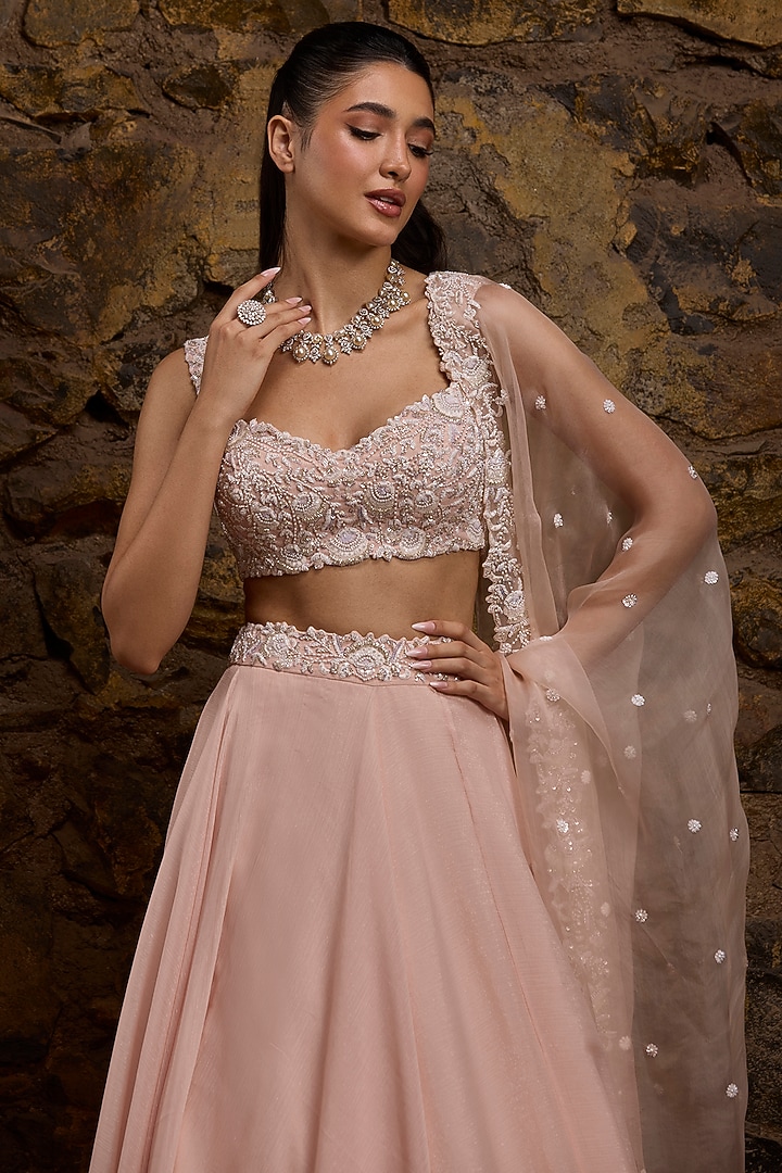 Peach Georgette Hand Embroidered Wedding Lehenga Set by Naibah at Pernia's Pop Up Shop
