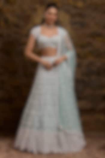 Aqua Net Hand Embroidered Bridal Lehenga Set by Naibah at Pernia's Pop Up Shop