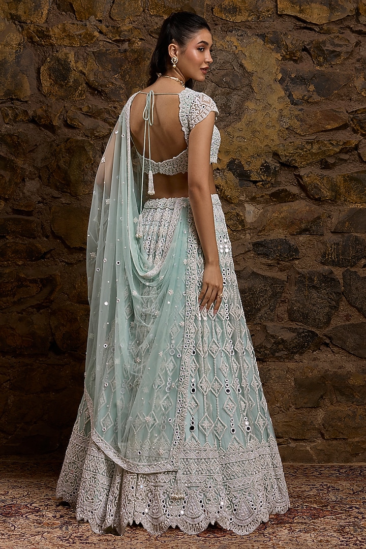 Aqua Net Hand Embroidered Bridal Lehenga Set by Naibah at Pernia's Pop Up Shop