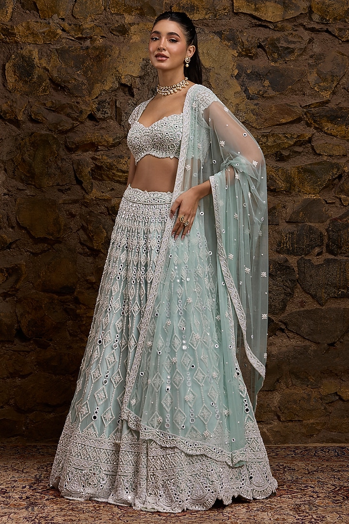 Aqua Net Hand Embroidered Bridal Lehenga Set by Naibah at Pernia's Pop Up Shop