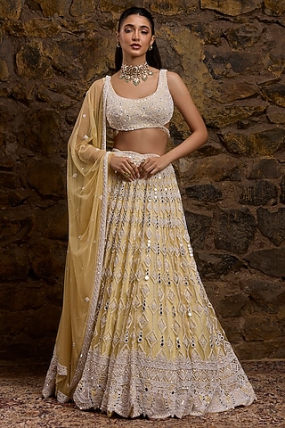 Lemon Yellow Net Hand Embroidered Lehenga Set by Naibah