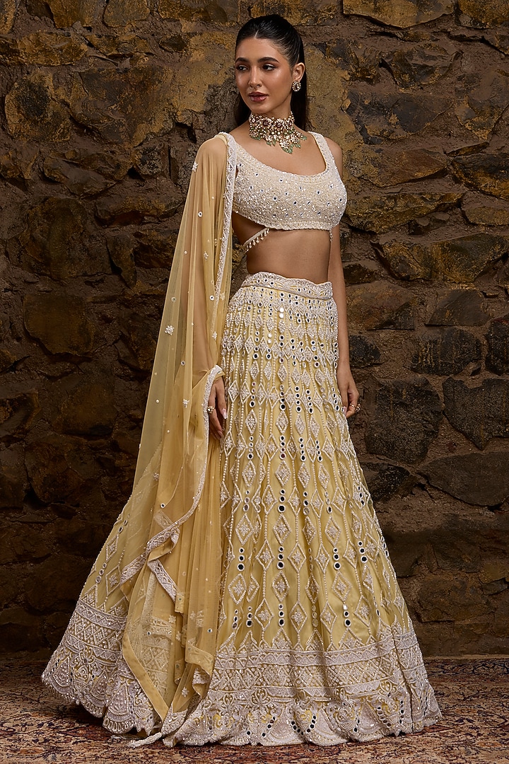 Lemon Yellow Net Hand Embroidered Bridal Lehenga Set by Naibah at Pernia's Pop Up Shop