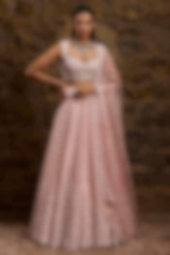 Rose Pink Raw Silk Hand Embroidered Bridal Lehenga Set by Naibah at Pernia's Pop Up Shop