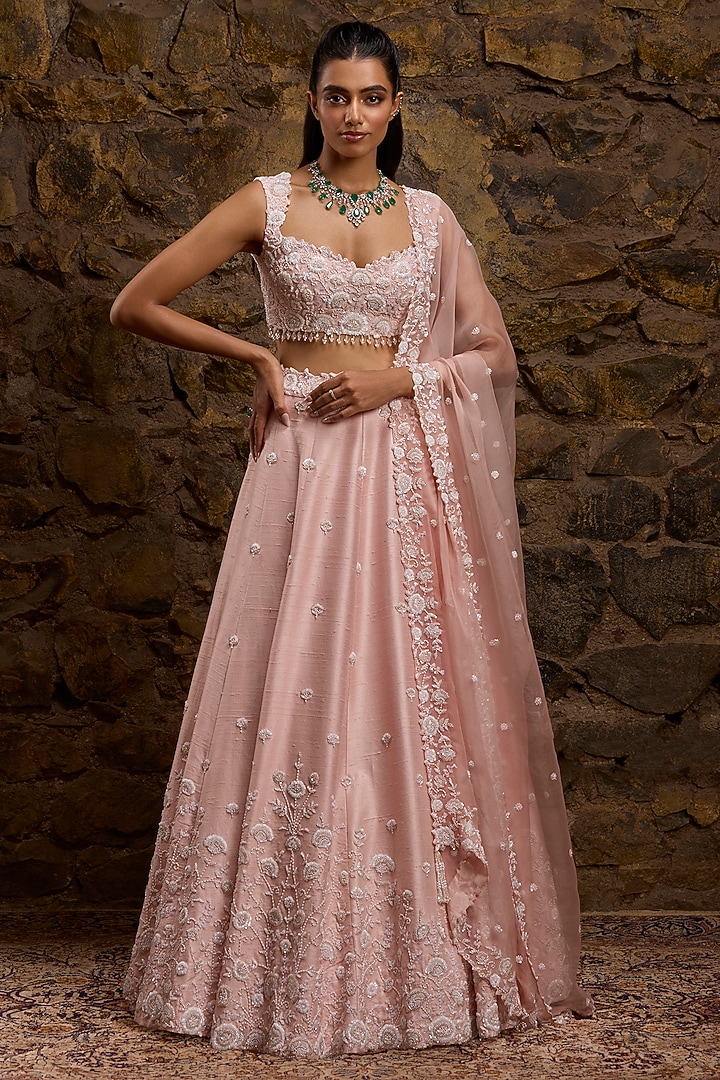 Rose Pink Raw Silk Hand Embroidered Bridal Lehenga Set by Naibah at Pernia's Pop Up Shop