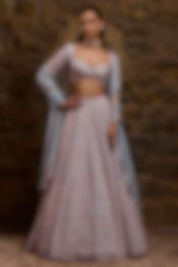 Powder Blue & Pink Raw Silk Hand Embroidered Bridal Lehenga Set by Naibah at Pernia's Pop Up Shop