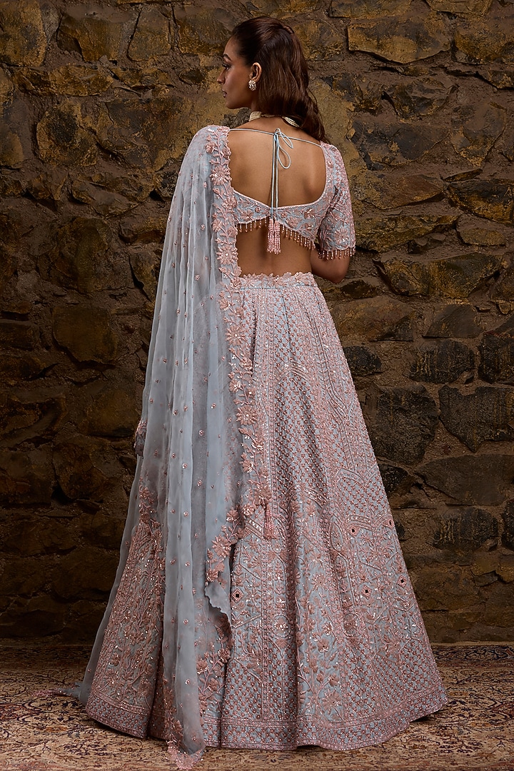 Powder Blue & Pink Raw Silk Hand Embroidered Bridal Lehenga Set by Naibah at Pernia's Pop Up Shop