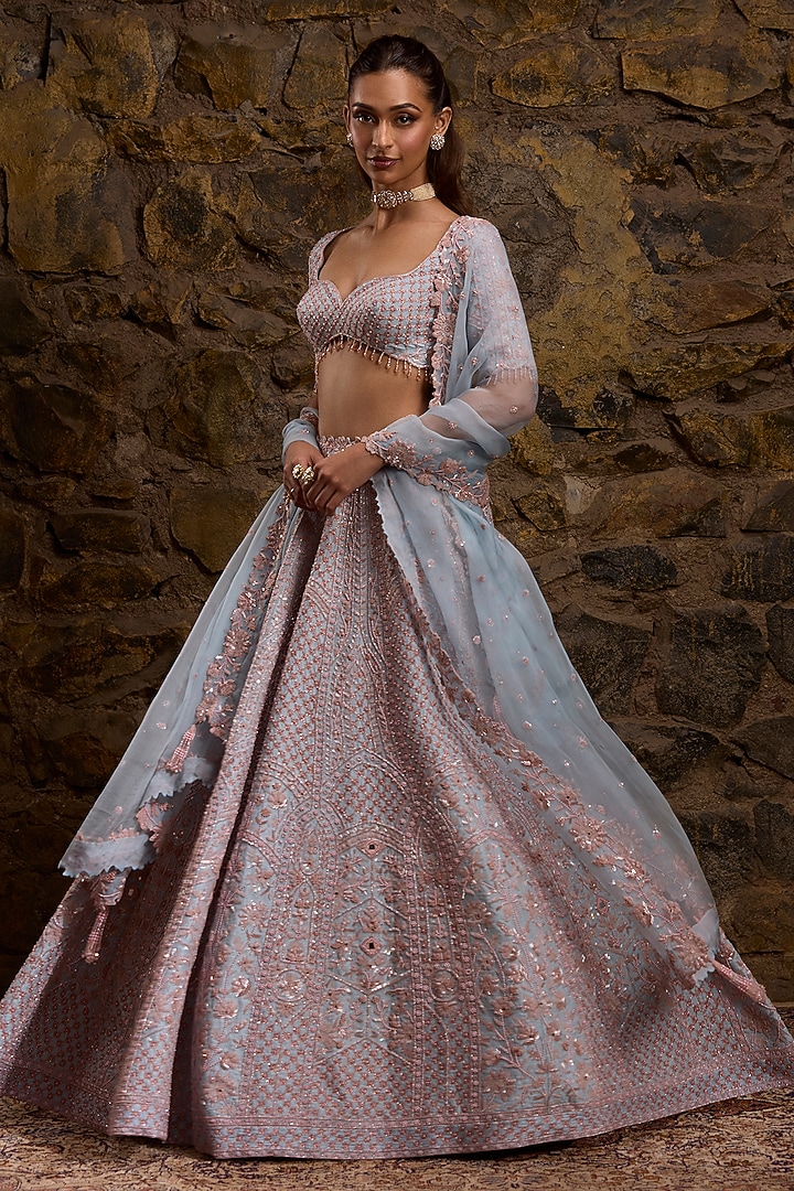 Powder Blue & Pink Raw Silk Hand Embroidered Bridal Lehenga Set by Naibah at Pernia's Pop Up Shop