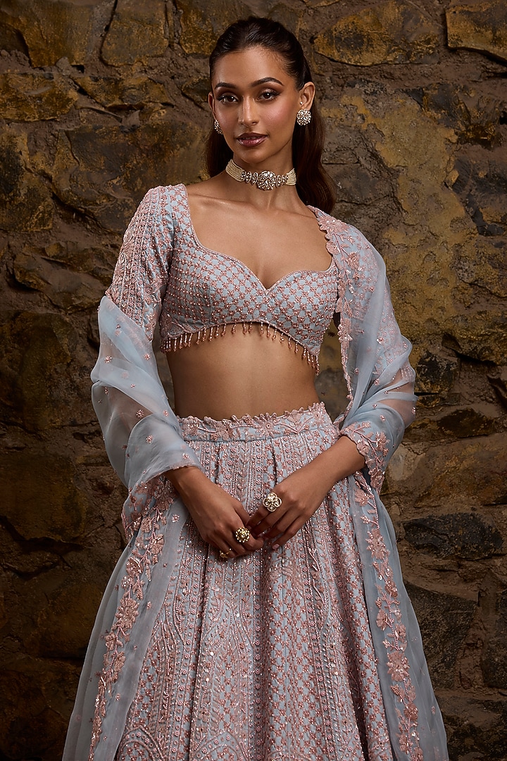 Powder Blue & Pink Raw Silk Hand Embroidered Bridal Lehenga Set by Naibah at Pernia's Pop Up Shop