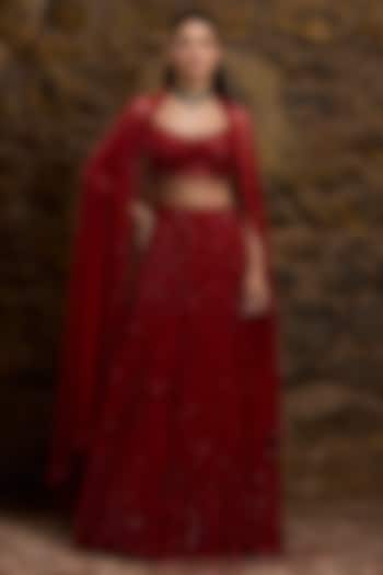 Red Satin Organza Hand Embroidered Bridal Lehenga Set by Naibah at Pernia's Pop Up Shop