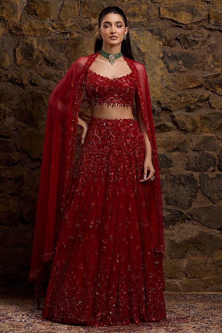Red Satin Organza Hand Embroidered Bridal Lehenga Set by Naibah at Pernia's Pop Up Shop