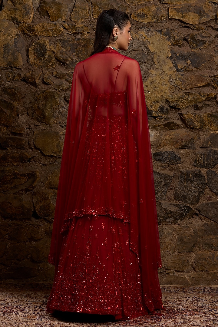 Red Satin Organza Hand Embroidered Bridal Lehenga Set by Naibah at Pernia's Pop Up Shop