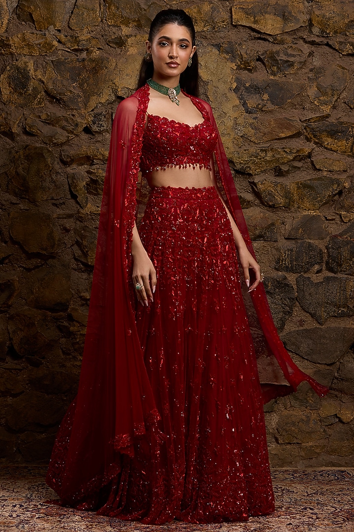 Red Satin Organza Hand Embroidered Bridal Lehenga Set by Naibah at Pernia's Pop Up Shop