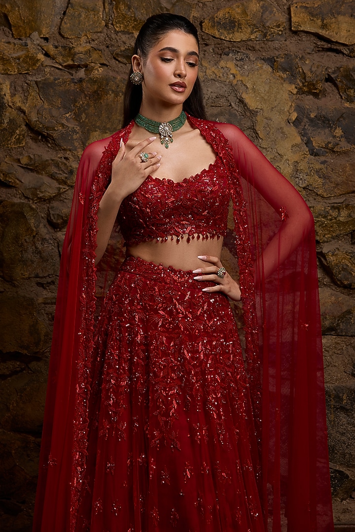 Red Satin Organza Hand Embroidered Bridal Lehenga Set by Naibah at Pernia's Pop Up Shop